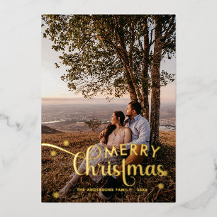 Moderne vrolijke kerst familie foto naam Tartan Ho Folie Feestdagenkaart