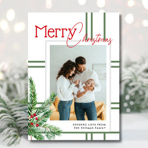 Moderne vrolijke kerst Foto van Greenery Plaid Feestdagenkaart