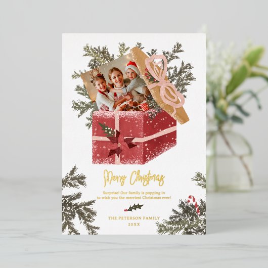 Moderne vrolijke kerst illustratie leuk 2 foto's folie feestdagenkaart (Staand Voorkant)