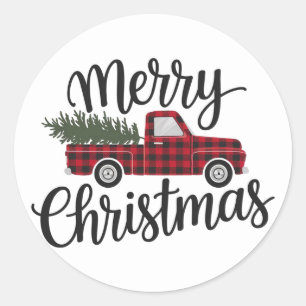 Moderne vrolijke kerst rode Buffalo Plaid Truck Ronde Sticker