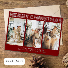 Moderne vrolijke kerst rode foto folie feestdagenkaart