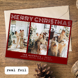 Moderne vrolijke kerst rode foto folie feestdagenkaart