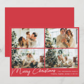 Moderne vrolijke kerst rode vier foto collage feestdagenkaart (Voorkant / Achterkant)