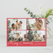 Moderne vrolijke kerst rode vier foto collage feestdagenkaart (Staand voorkant)