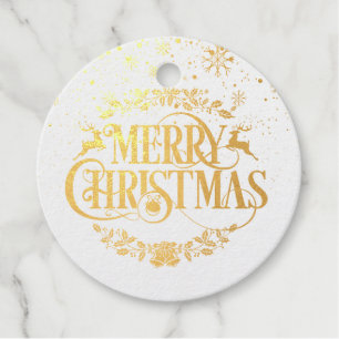 Moderne vrolijke kerst sneeuwvlokken goud bedankjes labels