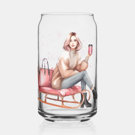 Moderne vrouw op slee kerst blikvorm glas (Links)