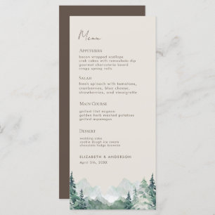 Moderne Watercolor Mountains Dîner Mariage Menu