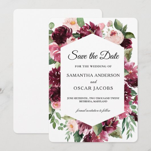 Moderne watercolor rode bloemenframe save the date (Voorkant / Achterkant)