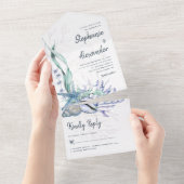 Moderne Waterverf Beach Blue Wedding All In One Uitnodiging (Afscheurbaar)