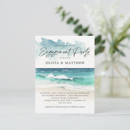 Moderne Waterverf Beach Engagement Party-indeling Briefkaart (Staand voorkant)