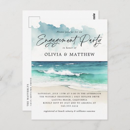 Moderne Waterverf Beach Engagement Party-indeling Briefkaart (Voorkant / Achterkant)