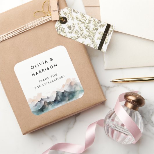 Moderne Waterverf Berglandschap Vierkante Sticker (Geschenken)