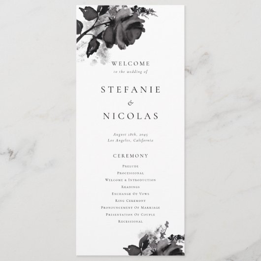 Moderne Waterverf Black Roos Wedding Ceremony Programma (Voorkant)