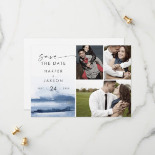 Moderne Waterverf Blauw 3 Foto-collage Save The Date