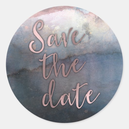 Moderne Waterverf Blauw & Roos Goud Save the Date Ronde Sticker (Voorkant)