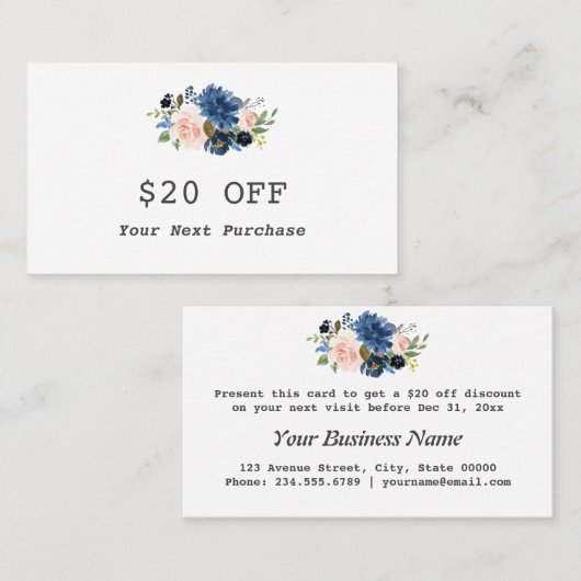 Moderne Waterverf Blauw Roze Bloemen Make-up Artis Kortingskaartje (Voorkant / Achterkant)