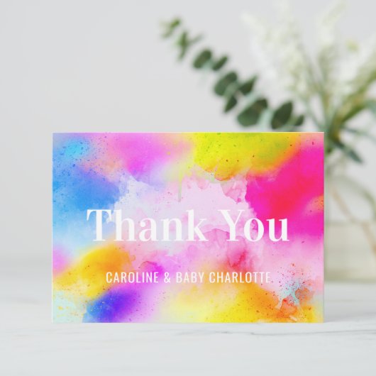 Moderne Waterverf Blauw Roze Geel DANK U Bedankkaart (Staand voorkant)