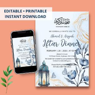 Moderne Waterverf Blauwe Bloemen & Goud Iftar Dine Kaart