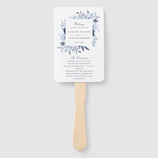 Moderne Waterverf Blauwe Bloemen Huwelijksceremoni Handwaaier (Voorkant)