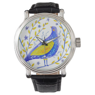 Moderne Waterverf blauwe en gele vogelkunst Horloge