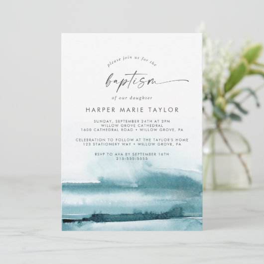 Moderne Waterverf | Blauwgroen uitnodiging tot kan (Staand voorkant)