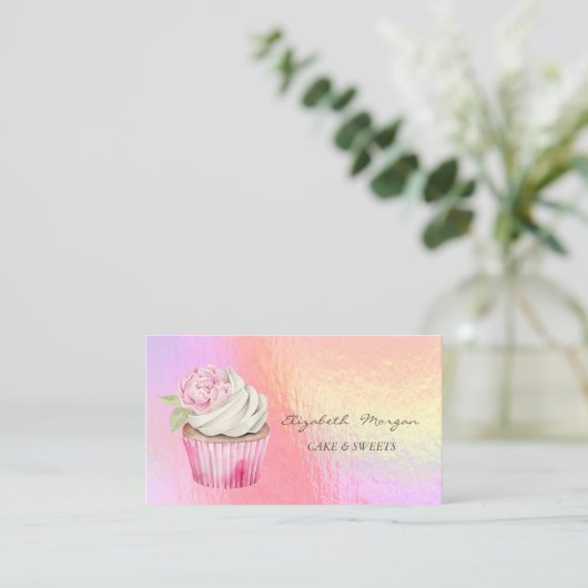 Moderne Waterverf Bloemen Cupcake Holografisch Visitekaartje (Staand voorkant)
