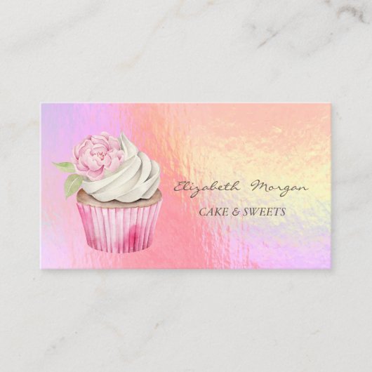 Moderne Waterverf Bloemen Cupcake Holografisch Visitekaartje (Voorkant)