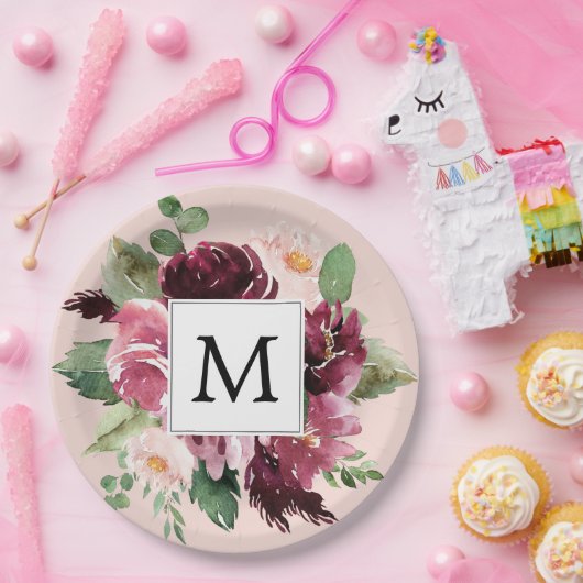Moderne Waterverf bloemen monogrammen Papieren Bordje (Feest)