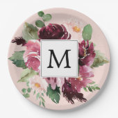 Moderne Waterverf bloemen monogrammen Papieren Bordje (Voorkant)