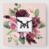 Moderne Waterverf bloemen monogrammen Vierkante Klok (Voorkant)