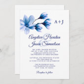 Moderne Waterverf Bloemenblauw Navy Wit Bruiloft Kaart (Voorkant / Achterkant)