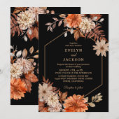Moderne waterverf bloemenherfst Bruiloftszwart Kaart (Voorkant / Achterkant)