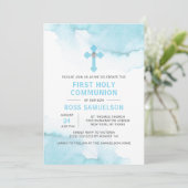 Moderne Waterverf Blue BOY Heilige Communie Kaart (Staand voorkant)