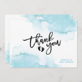 Moderne Waterverf Blue BOY Oh BOY Baby shower dan Bedankkaart (Voorkant / Achterkant)