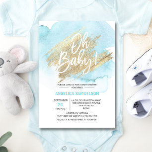 Moderne Waterverf Blue Gold Oh Baby shower Kaart