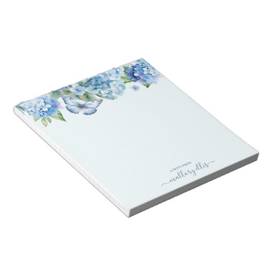 Moderne Waterverf Blue Hydrangea Butterfly Notitieblok (Schuin)