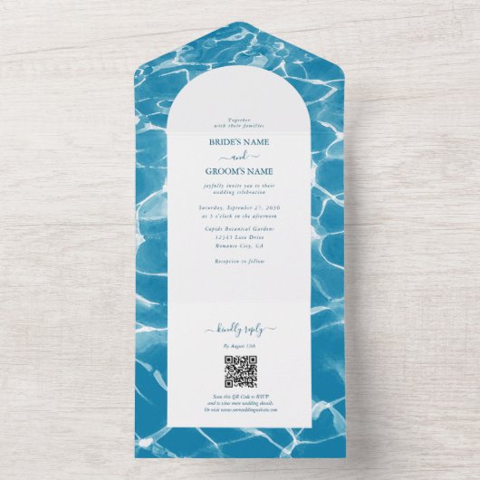 Moderne Waterverf Blue Ocean Beach bruiloft All In One Uitnodiging (Binnen)