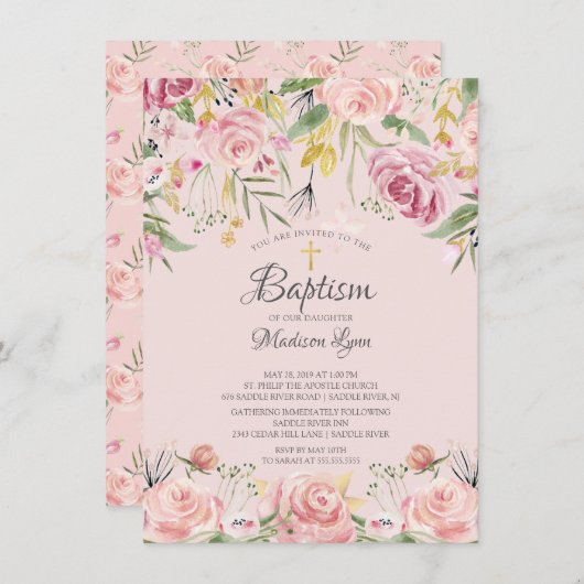Moderne Waterverf Blush Pink Floral Baptisme Kaart (Voorkant / Achterkant)