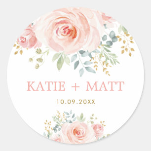 Moderne Waterverf Blush Pink Floral Wedding Favors Ronde Sticker