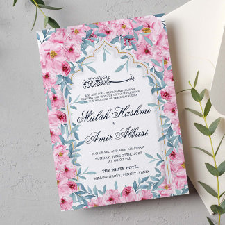 Moderne Waterverf Blush Roze Bloemen Moslim Bruilo Kaart