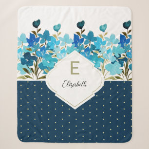 Moderne Waterverf Boho Blue Flural Handbeschilderd Sherpa Deken
