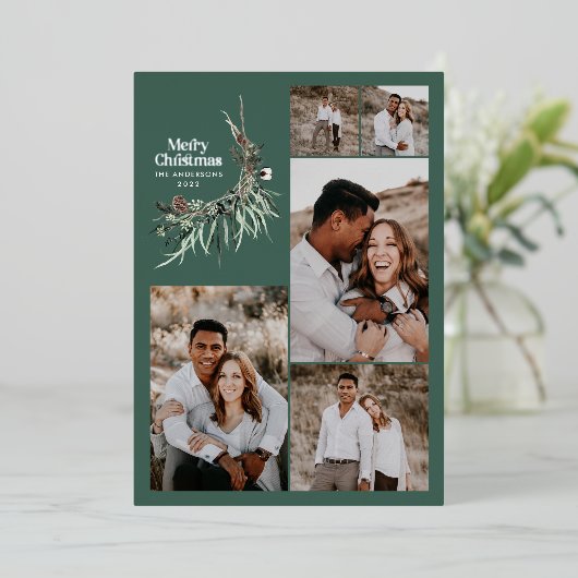Moderne waterverf botanische multi-fotoregroen folie feestdagenkaart (Staand Voorkant)