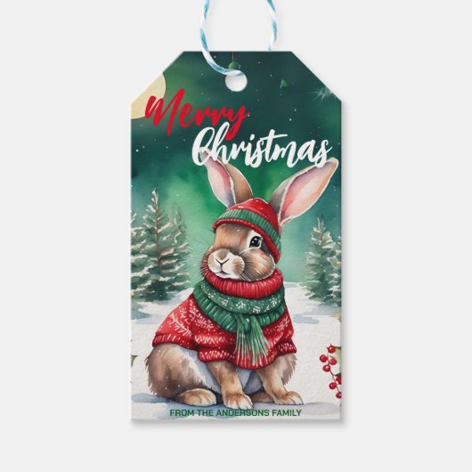 Moderne waterverf Bunny Rabbit Kerstboom Sneeuw Cadeaulabel (Voorkant)