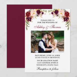 Moderne Waterverf Burgundy Floral Foto bruiloft Kaart