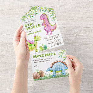 Moderne Waterverf Cute Dinosaurs Baby shower All In One Uitnodiging