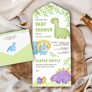 Moderne Waterverf Cute Little Dinosaur Baby shower All In One Uitnodiging