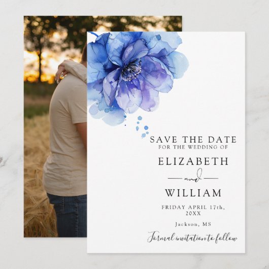 Moderne Waterverf Dusty Blue Floral Fotobruiloft Save The Date (Voorkant / Achterkant)
