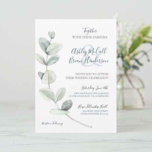 Moderne Waterverf eucalyptus bruiloft uitnodigen Kaart (Staand voorkant)