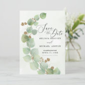 Moderne Waterverf Eucalyptus Greenery Gold Accent Save The Date (Staand voorkant)