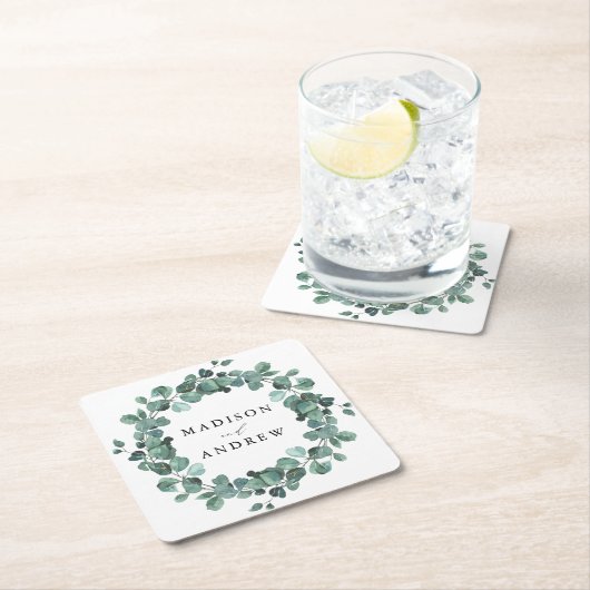 Moderne Waterverf Eucalyptus Greenery Wedding Vierkante Kartonnen Onderzetter (Insitu)